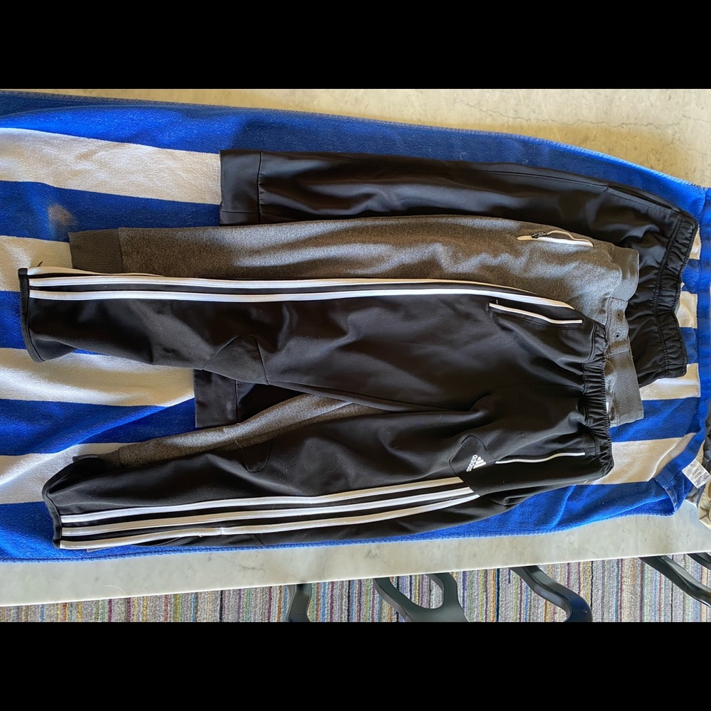 Lot is 3 boys athletic pants, black adidas and grey Hurley, black Nike